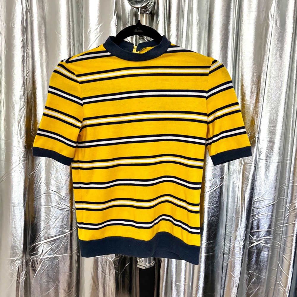 Yellow & Navy Striped Ribbed-Trim Knit Top